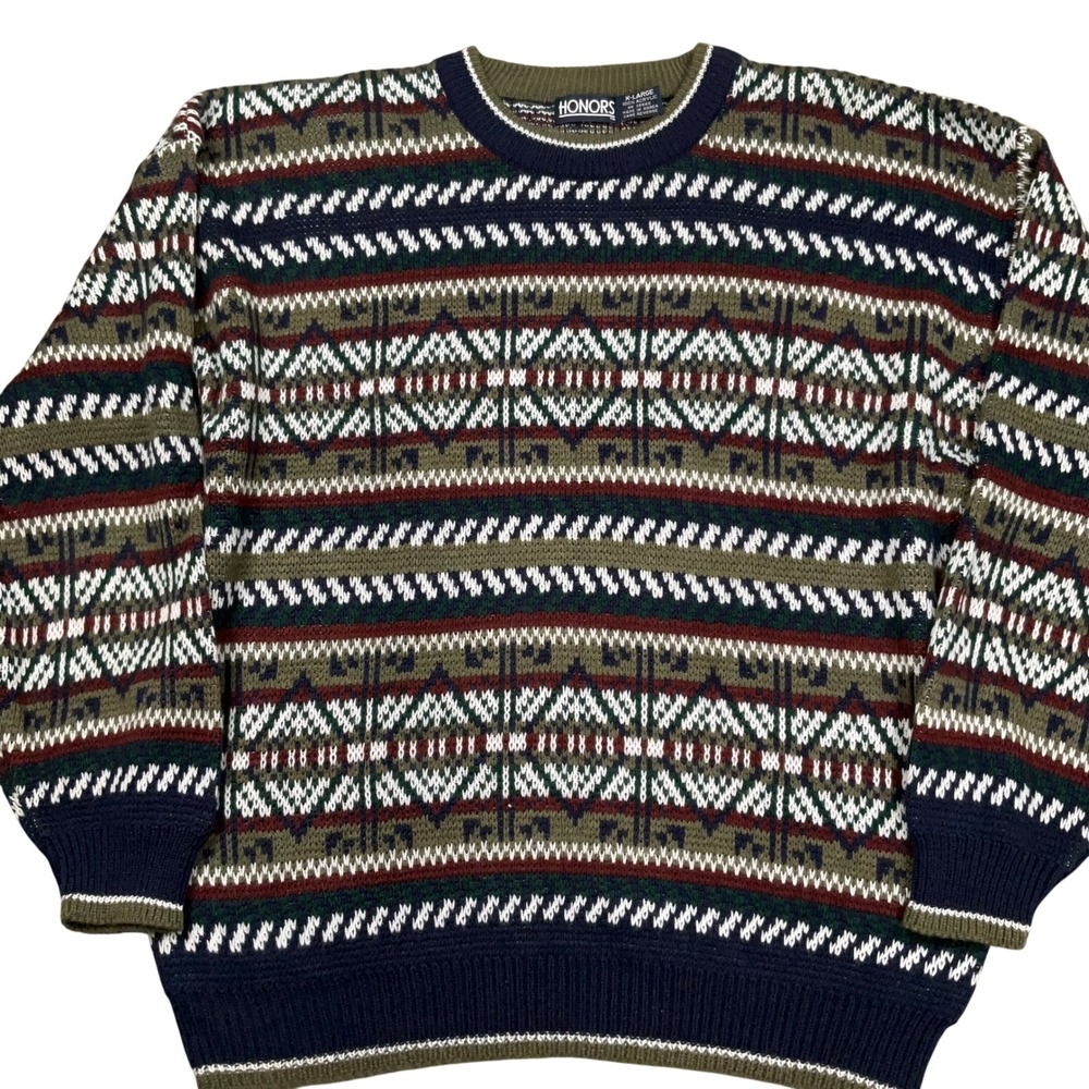 Honors Fair Isle Sweater Mens XL Blue Green Geometric Stripe Knit Acrylic VTG